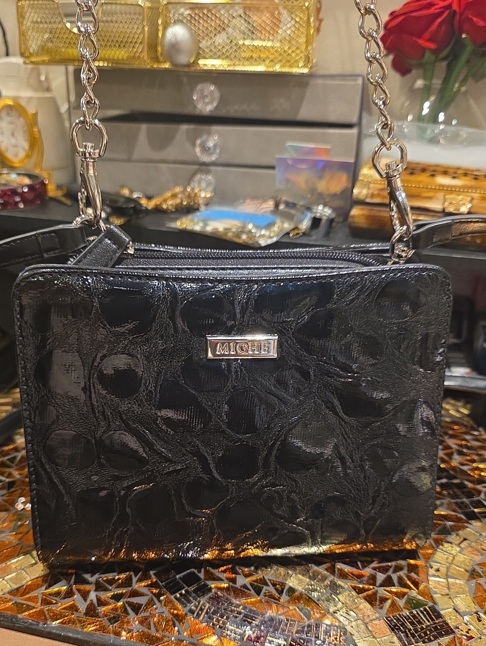 Miche Black Patent Crossbody Bag with Silver Chain